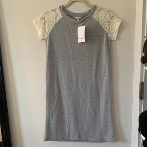 Grey T-shirt Dress with Lace Sleeves